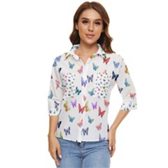 Cute Bright Butterflies Hover In The Air Women s Quarter Sleeve Pocket Shirt