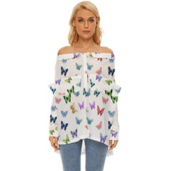 Cute Bright Butterflies Hover In The Air Off Shoulder Chiffon Pocket Shirt