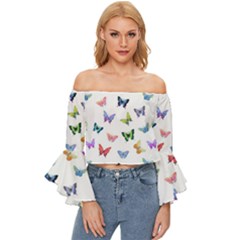 Cute Bright Butterflies Hover In The Air Off Shoulder Flutter Bell Sleeve Top