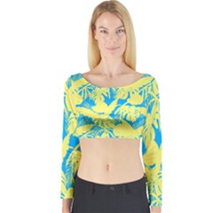 Yellow And Blue Leafs Silhouette At Sky Blue Long Sleeve Crop Top by Casemiro