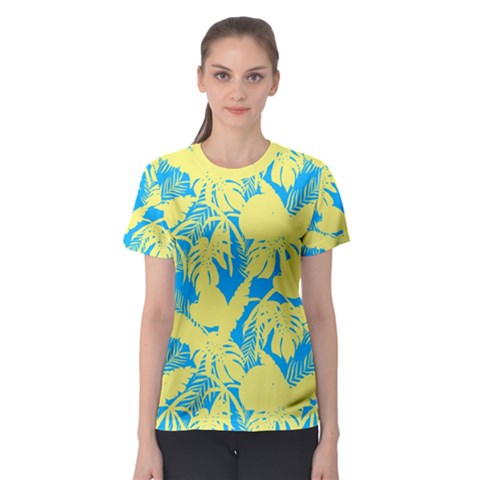 Yellow And Blue Leafs Silhouette At Sky Blue Women s Sport Mesh Tee by Casemiro