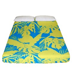 Yellow And Blue Leafs Silhouette At Sky Blue Fitted Sheet (queen Size) by Casemiro