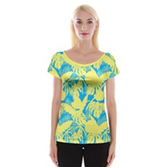 Yellow And Blue Leafs Silhouette At Sky Blue Cap Sleeve Top by Casemiro