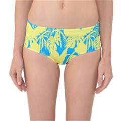 Yellow And Blue Leafs Silhouette At Sky Blue Mid-waist Bikini Bottoms by Casemiro