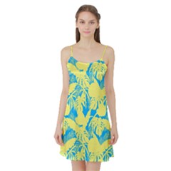 Yellow And Blue Leafs Silhouette At Sky Blue Satin Night Slip by Casemiro