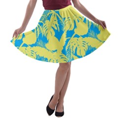 Yellow And Blue Leafs Silhouette At Sky Blue A-line Skater Skirt by Casemiro