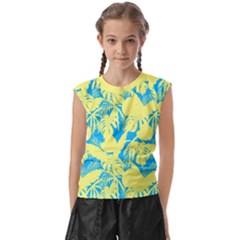 Yellow And Blue Leafs Silhouette At Sky Blue Kids  Raglan Cap Sleeve Tee