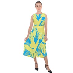 Yellow And Blue Leafs Silhouette At Sky Blue Midi Tie-back Chiffon Dress by Casemiro