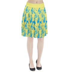 Yellow And Blue Leafs Silhouette At Sky Blue Pleated Skirt by Casemiro