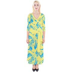 Yellow And Blue Leafs Silhouette At Sky Blue Quarter Sleeve Wrap Maxi Dress by Casemiro