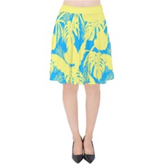 Yellow And Blue Leafs Silhouette At Sky Blue Velvet High Waist Skirt by Casemiro