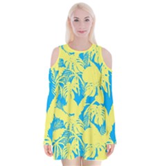 Yellow And Blue Leafs Silhouette At Sky Blue Velvet Long Sleeve Shoulder Cutout Dress