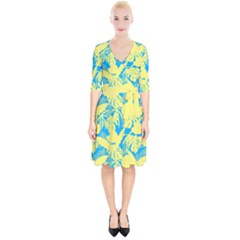 Yellow And Blue Leafs Silhouette At Sky Blue Wrap Up Cocktail Dress by Casemiro