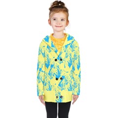 Yellow And Blue Leafs Silhouette At Sky Blue Kids  Double Breasted Button Coat by Casemiro