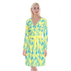 Yellow And Blue Leafs Silhouette At Sky Blue Long Sleeve Velvet Front Wrap Dress by Casemiro