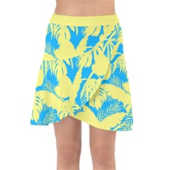 Yellow And Blue Leafs Silhouette At Sky Blue Wrap Front Skirt