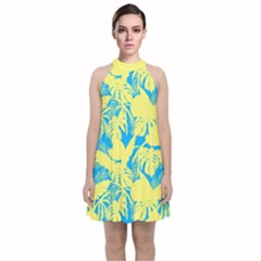 Yellow And Blue Leafs Silhouette At Sky Blue Velvet Halter Neckline Dress 