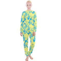 Yellow And Blue Leafs Silhouette At Sky Blue Women s Lounge Set by Casemiro