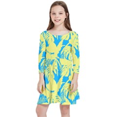 Yellow And Blue Leafs Silhouette At Sky Blue Kids  Quarter Sleeve Skater Dress