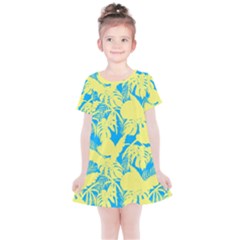 Yellow And Blue Leafs Silhouette At Sky Blue Kids  Simple Cotton Dress by Casemiro