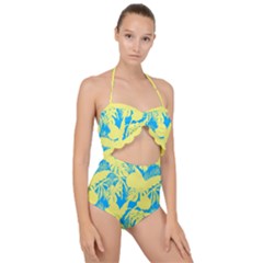 Yellow And Blue Leafs Silhouette At Sky Blue Scallop Top Cut Out Swimsuit by Casemiro