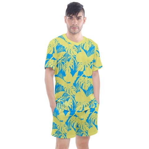 Yellow And Blue Leafs Silhouette At Sky Blue Men s Mesh Tee And Shorts Set by Casemiro