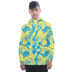 Yellow And Blue Leafs Silhouette At Sky Blue Men s Front Pocket Pullover Windbreaker