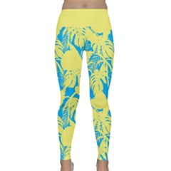 Yellow And Blue Leafs Silhouette At Sky Blue Lightweight Velour Classic Yoga Leggings by Casemiro