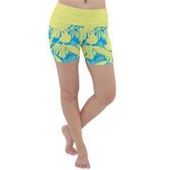 Yellow And Blue Leafs Silhouette At Sky Blue Lightweight Velour Yoga Shorts by Casemiro