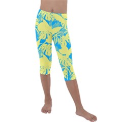 Yellow And Blue Leafs Silhouette At Sky Blue Kids  Lightweight Velour Capri Leggings  by Casemiro