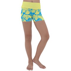 Yellow And Blue Leafs Silhouette At Sky Blue Kids  Lightweight Velour Yoga Shorts by Casemiro