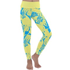 Yellow And Blue Leafs Silhouette At Sky Blue Kids  Lightweight Velour Classic Yoga Leggings by Casemiro