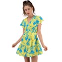 Yellow and blue leafs silhouette at sky blue Flutter Sleeve Wrap Dress View1