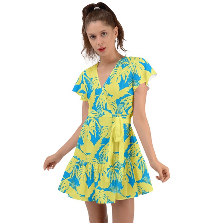 Yellow and blue leafs silhouette at sky blue Flutter Sleeve Wrap Dress