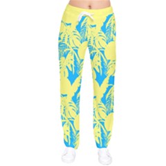 Yellow And Blue Leafs Silhouette At Sky Blue Women Velvet Drawstring Pants by Casemiro