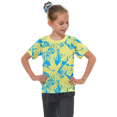 Yellow And Blue Leafs Silhouette At Sky Blue Kids  Mesh Piece Tee by Casemiro