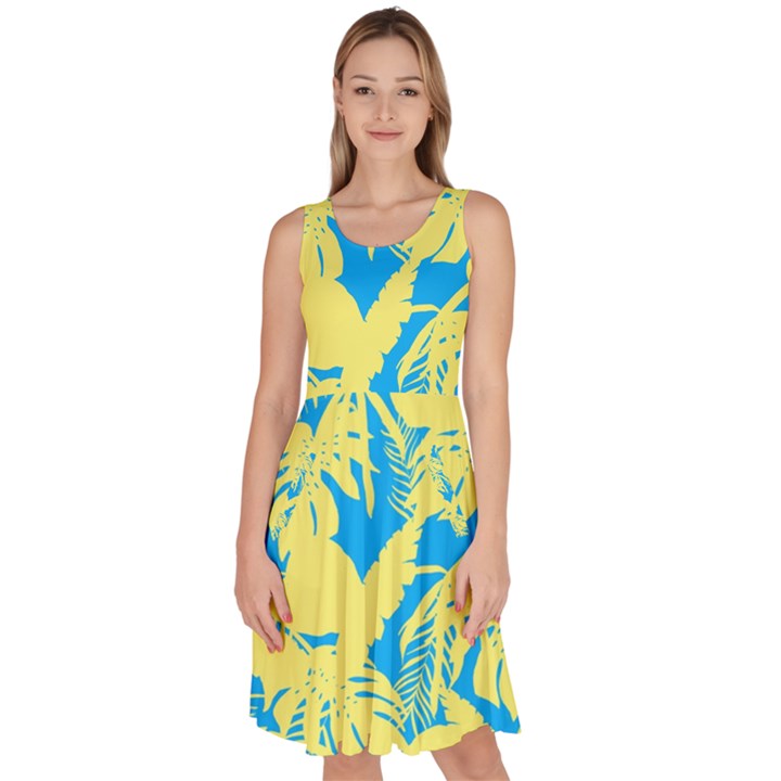 Yellow and blue leafs silhouette at sky blue Knee Length Skater Dress With Pockets