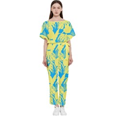 Yellow And Blue Leafs Silhouette At Sky Blue Batwing Lightweight Jumpsuit by Casemiro