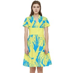 Yellow And Blue Leafs Silhouette At Sky Blue Short Sleeve Waist Detail Dress