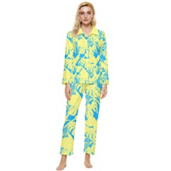 Yellow And Blue Leafs Silhouette At Sky Blue Womens  Long Sleeve Pocket Pajamas Set