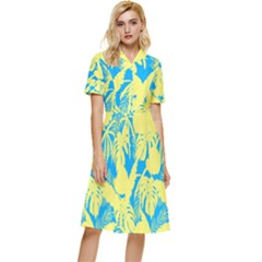 Yellow And Blue Leafs Silhouette At Sky Blue Button Top Knee Length Dress by Casemiro