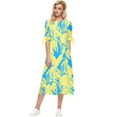 Yellow And Blue Leafs Silhouette At Sky Blue Bow Sleeve Chiffon Midi Dress