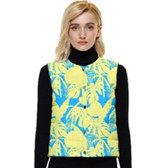 Yellow And Blue Leafs Silhouette At Sky Blue Women s Short Button Up Puffer Vest