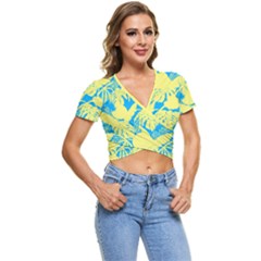 Yellow And Blue Leafs Silhouette At Sky Blue Short Sleeve Foldover Tee