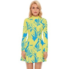 Yellow And Blue Leafs Silhouette At Sky Blue Long Sleeve Velour Longline Dress