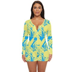 Yellow And Blue Leafs Silhouette At Sky Blue Long Sleeve Boyleg Swimsuit