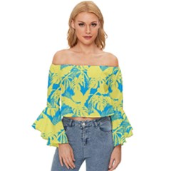 Yellow And Blue Leafs Silhouette At Sky Blue Off Shoulder Flutter Bell Sleeve Top