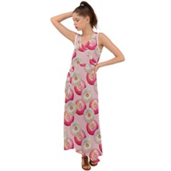 Pink And White Donuts V-neck Chiffon Maxi Dress by SychEva