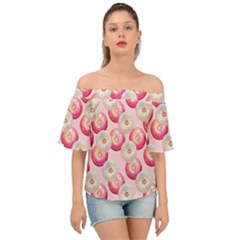 Pink And White Donuts Off Shoulder Short Sleeve Top by SychEva