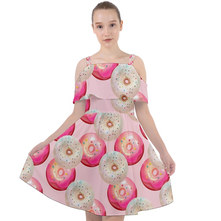 Pink And White Donuts Cut Out Shoulders Chiffon Dress